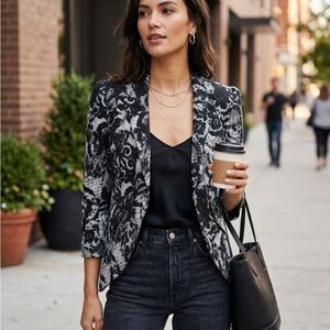 Smythe Black Printed Single Breasted Blazer - Ramie & Viscose Blend sz 6